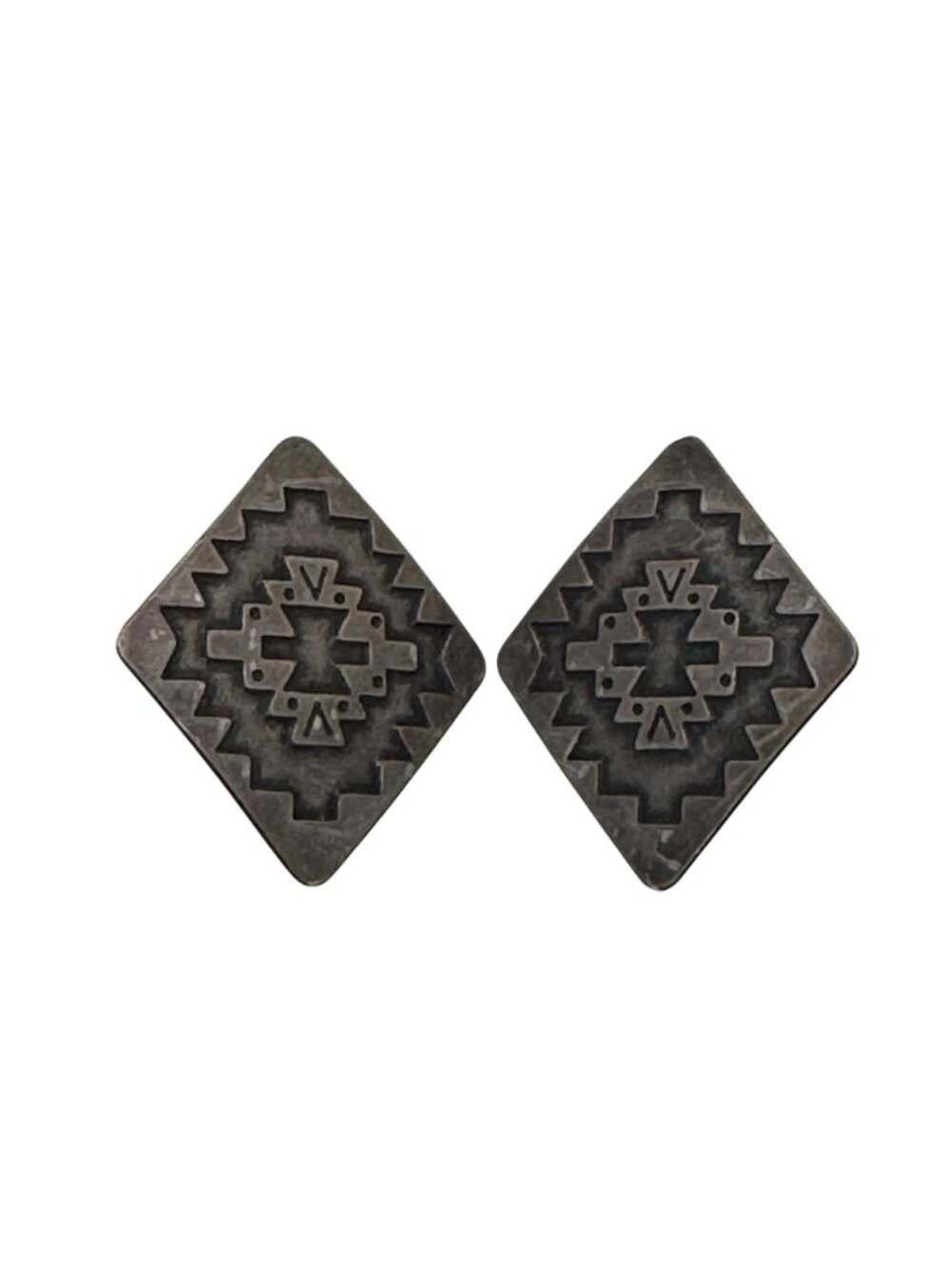 Southwestern Tribal Sterling Silver Square Aztec Signed Clip-On Earrings Vintage - Picture 8 of 9